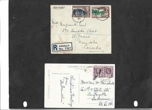 BR COLONY,CEYLON PH,FINE PAIR OF1924 G5 CARDTO US,&1938 REG COV,"KEGALLA"-CANADA