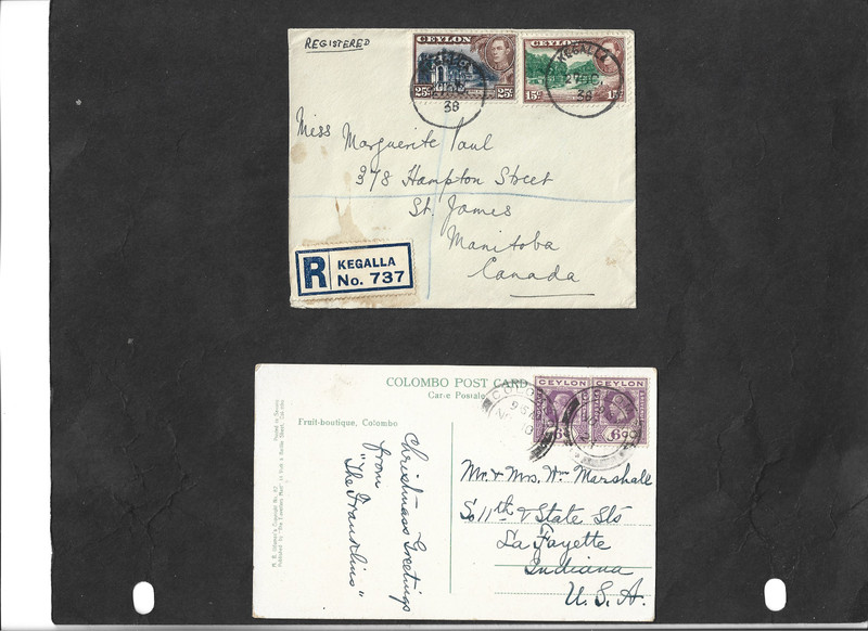 BR COLONY,CEYLON PH,FINE PAIR OF1924 G5 CARDTO US,&1938 REG COV,"KEGALLA"-CANADA