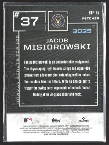 2025 Bowman Chrome - Top 100 - Jacob Misiorowski #BTP-37 - Bild 2 von 2