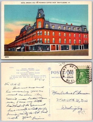 Hotel Brooks and Pickwick Coffee Shop Brattleboro VT Postcard