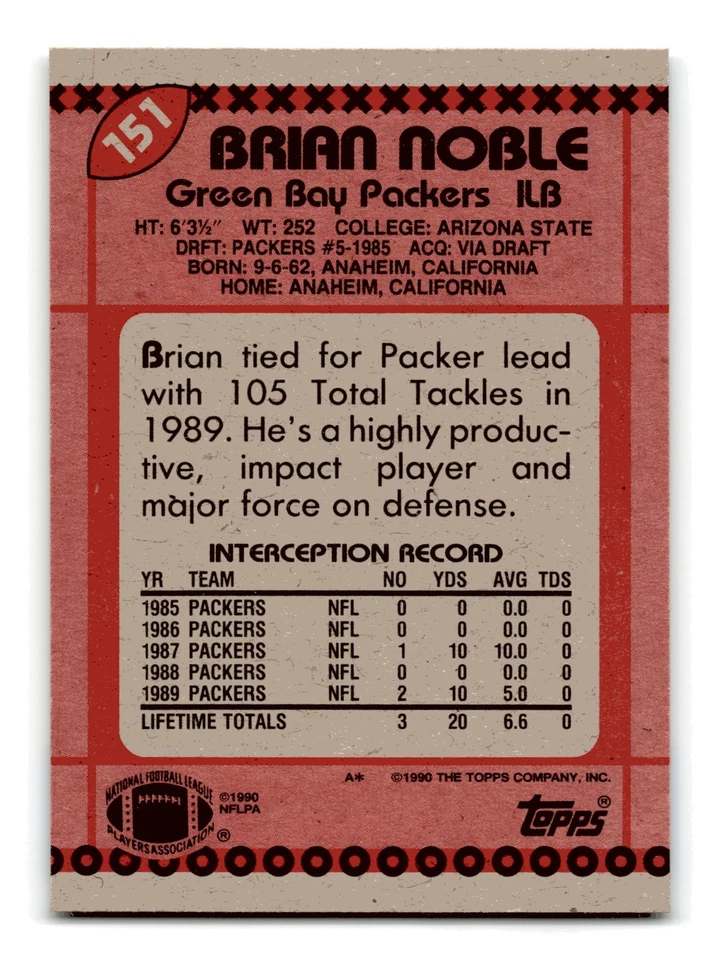 Brian Noble 1990 Topps #151 Green Bay Packers Mint - Image 2 of 2