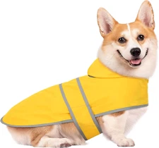 Dog Raincoat with Hood and Leash Hole, Adjustable Belly Strap, Reflective Strips