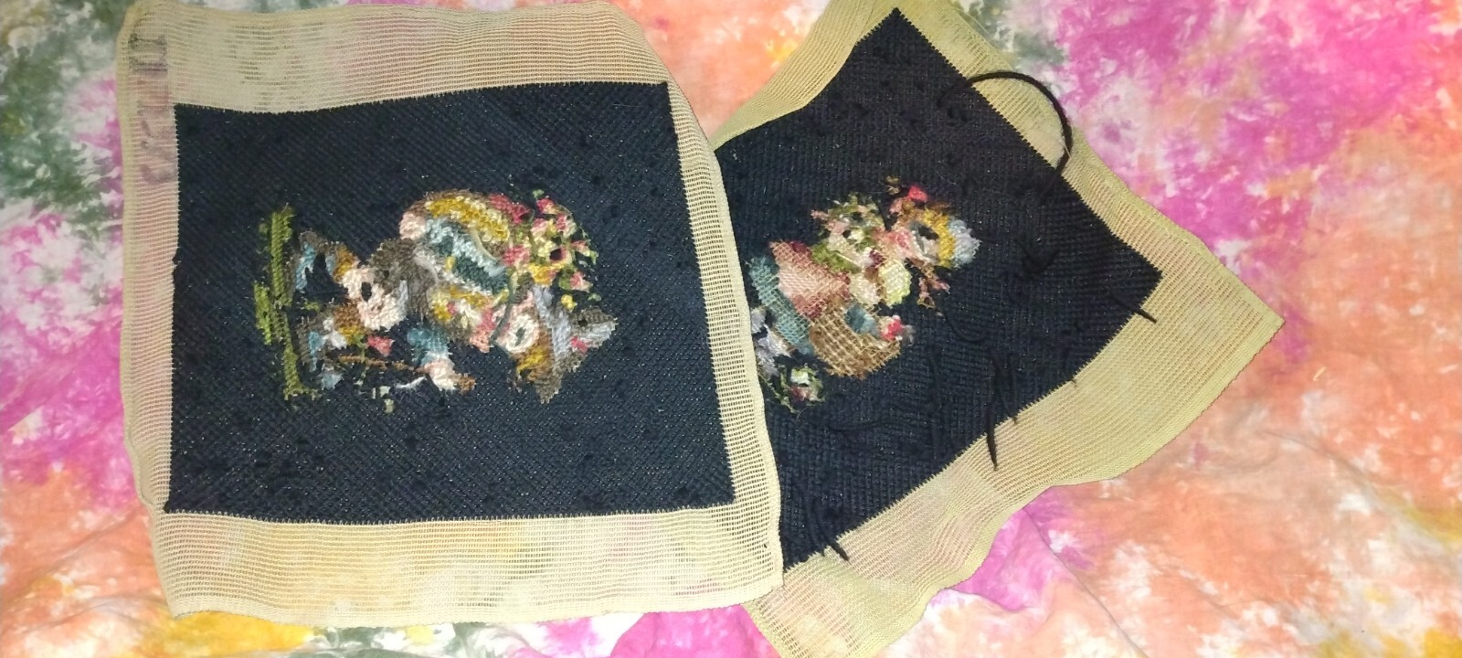Vtg Craft Needlework Crewelwork set lot pair little boy girl antique estate find