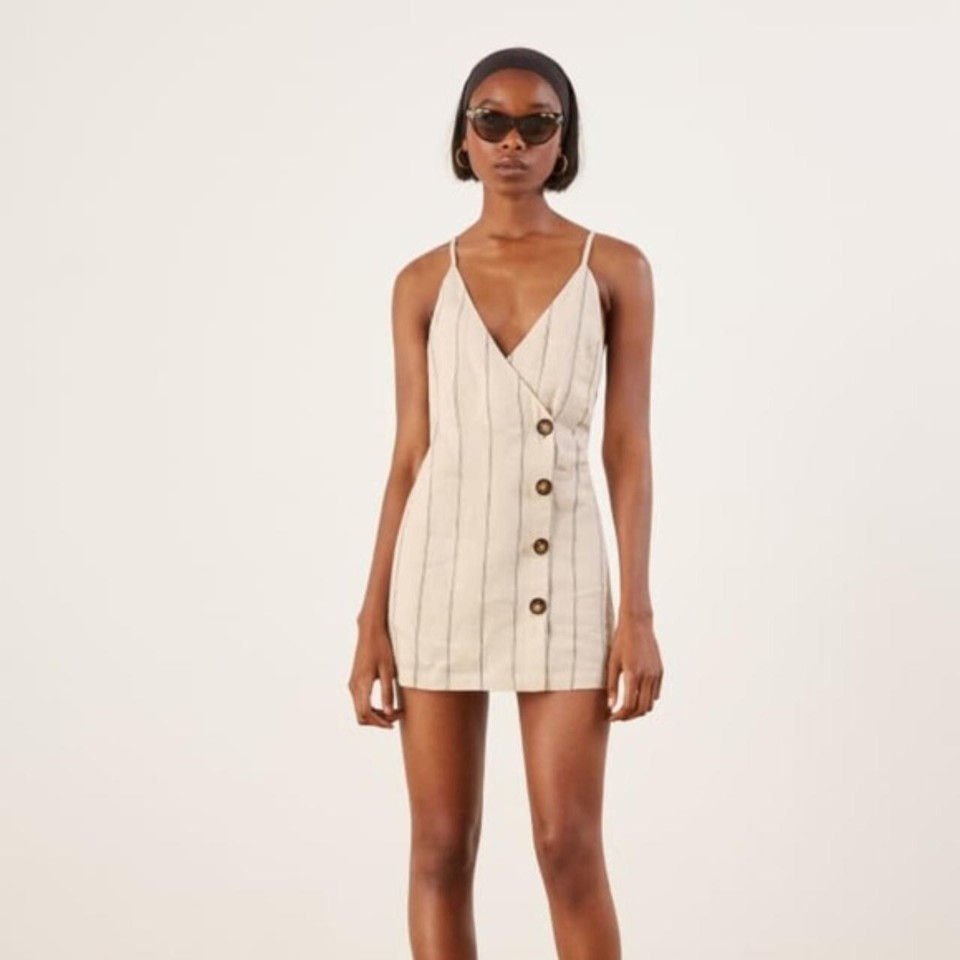 Reformation Cayman Mini Dress Cream 100% Linen Striped Sleeveless Button