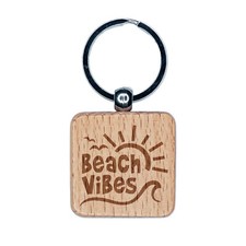 Beach Vibes Engraved Wood Square Keychain Tag Charm