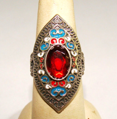 Vintage Morocco Sterling Silver Plique A Jour Enamel Ethnic Ring SZ 7.25 -7.5