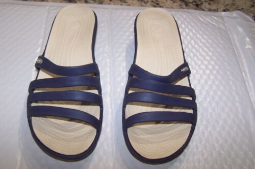 Crocs  Sandals Slip-On Strappy Slides Low Wedge Open Toe Navy Blue Women's SZ 8 - Picture 1 of 7