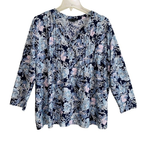 Napa Valley Blouse Top Women’s Sz Large Blue Floral Pleated Front V-Neck Stretch
