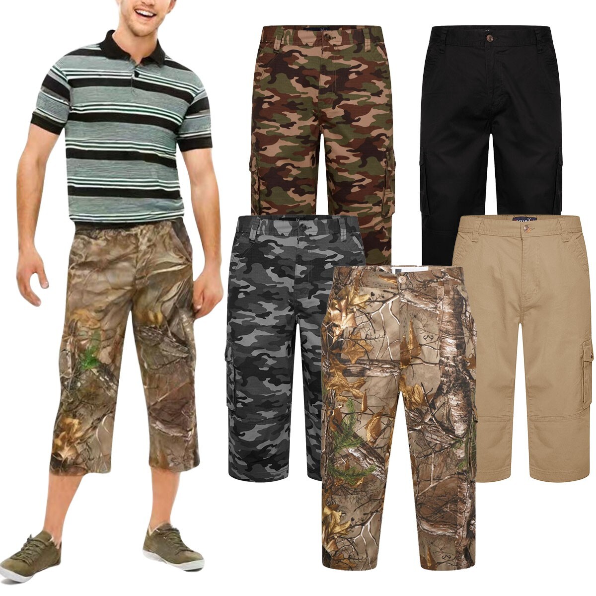 Pantalones cortos de combate de carga de tres cuartos de cintura elástica 3/4 de largo para hombre