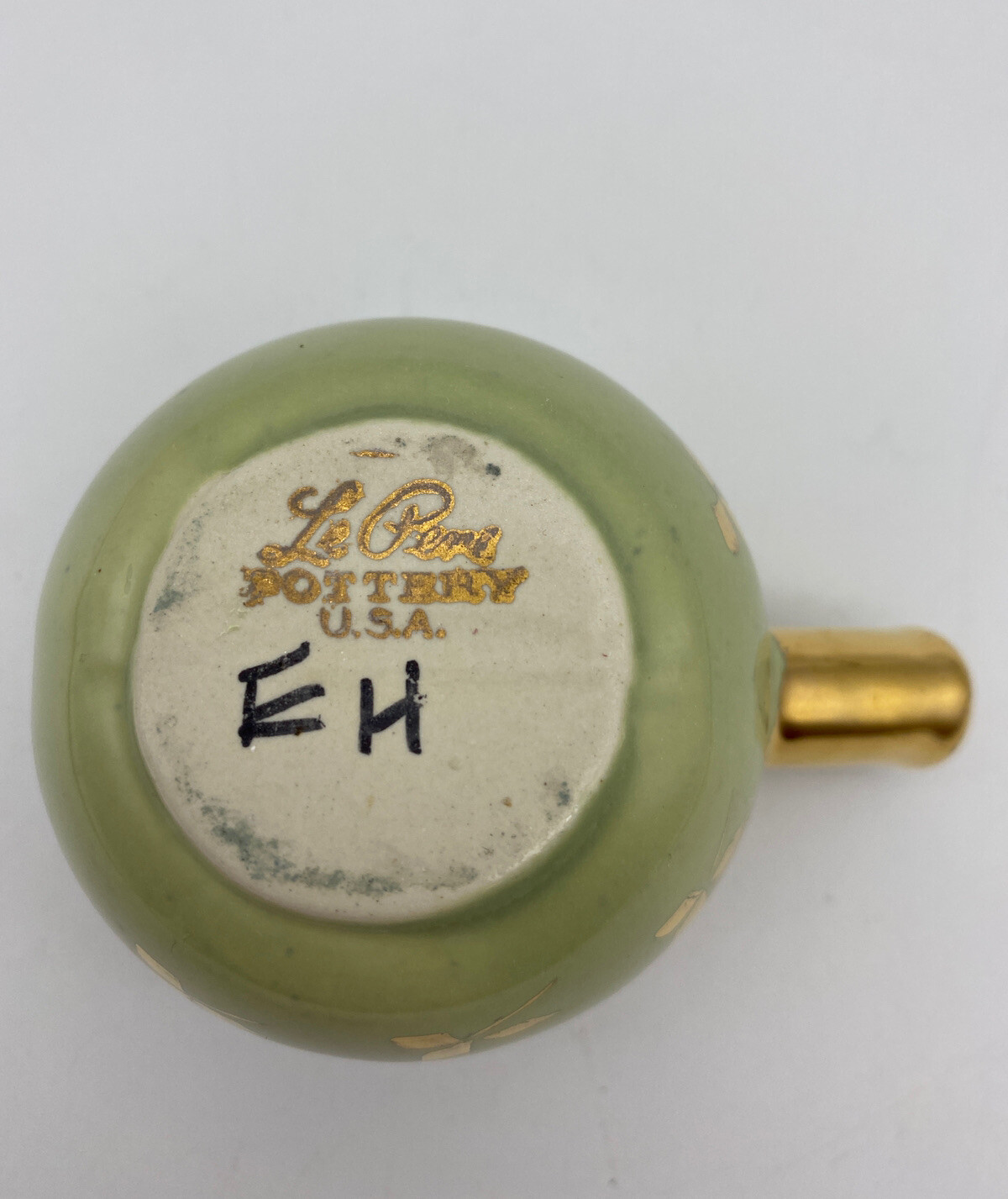 Vintage Handpainted LE PERE POTTERY Green Gold Trefoil Pitcher Jug Ewer