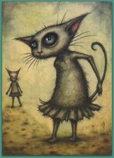 ACEO 2.5x3.5 watercolor painting - cat kitty skirt whimsical fantasy surreal