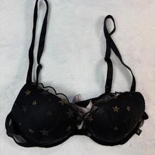 Victorias Secret Push Up Bra 34A Black Gold Star Embroidered Mesh Scalloped Trim
