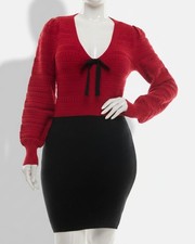 BCX Women's Juniors' Red V-Neck Long-Sleeve Bow-Trim Sweater Dress Size S