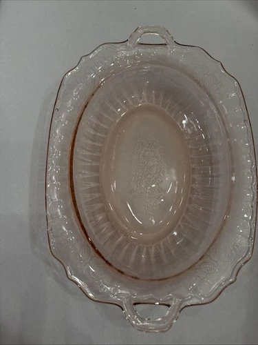 VTG Anchor Hocking Glass Mayfair Pink Depression Glass Serving Bowl Floral 11x7”