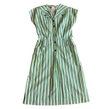 Vintage Green White Vertical Stripe Cap Sleeve Midi Dress Size LARGE