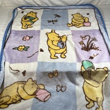 VTG Disney Classic Pooh Fleece Baby Blanket Squares Honey Pot Flowers HTF