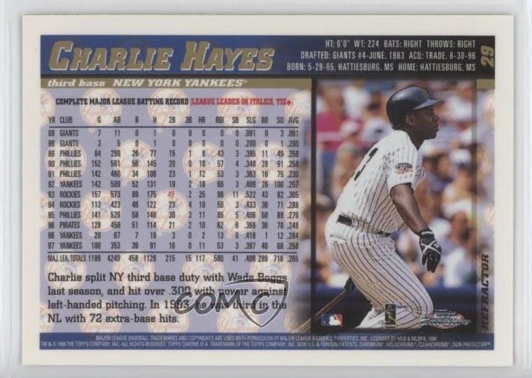 1998 Topps Chrome Refractor Charlie Hayes #29 - Image 2 of 2