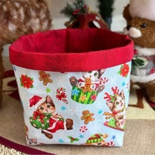 Cat Christmas Fabric Basket Holiday Gift Basket Christmas Decor Reusable Basket