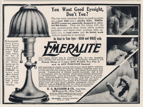Magazine Ad - 1915 - Emeralite Bed Lamp - H.G. McFaddin & Co., New York
