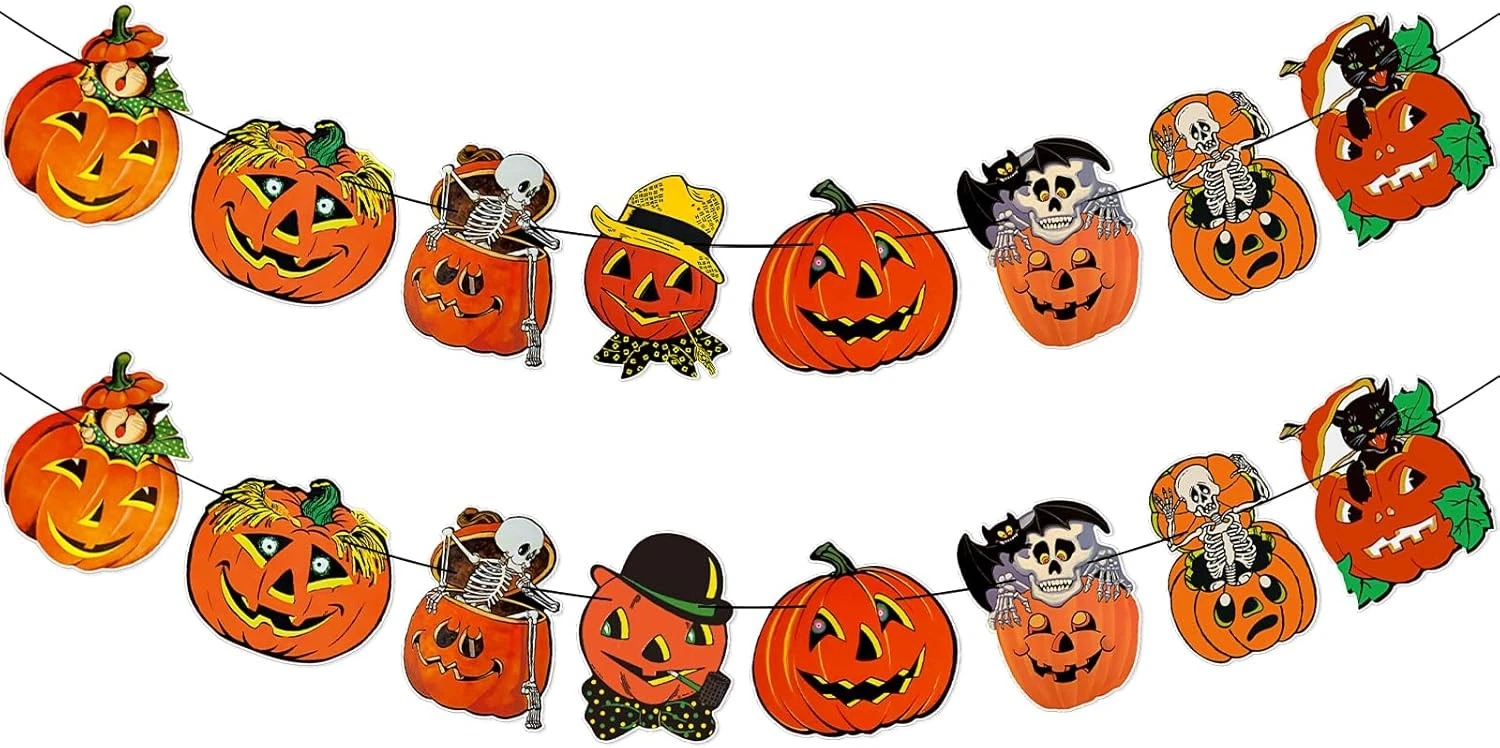 2 Pack Vintage Halloween Garland Banner Decorations Retro Pumpkin