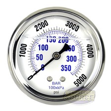 Liquid Filled 5000 PSI Air Pressure Gauge 2.5" Face Back Mount 1/4" NPT 202L-254