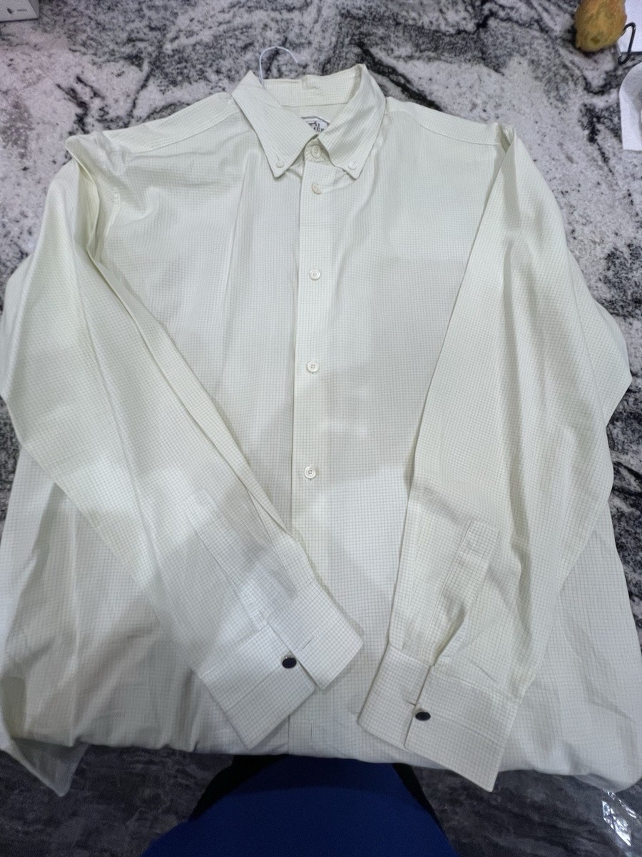 HERMES WHITE STRIPE BUTTON DOWN DRESS SHIRT METAL LOGO CUFF BUTTON