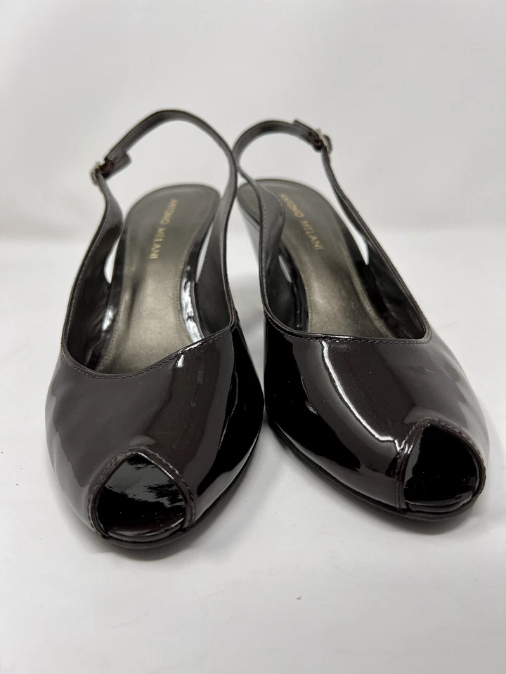 Женские туфли-слинги Antonio Melani размер 10 М коричневые лакированная кожа с открытым носком - Изображение 3 из 4