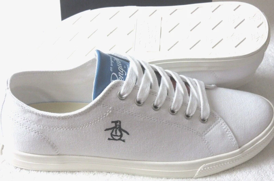 Zapatos Originales Penguin Para Hombre Sam Rayas Clásicos Con Cordones Lona Blanco Azul Nuevos en Caja Foto 3 de 4