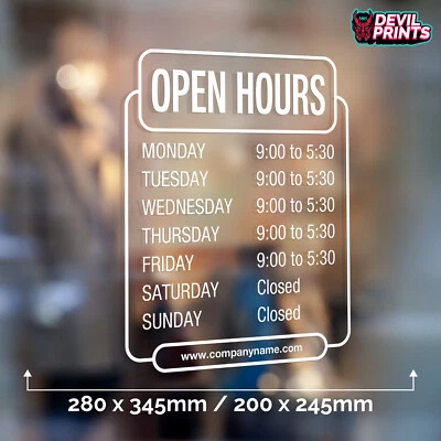 DEVILPRINTSUK Shop Window Opening Hours Times Personalised Customised Sign Vinyl Decal Sticker