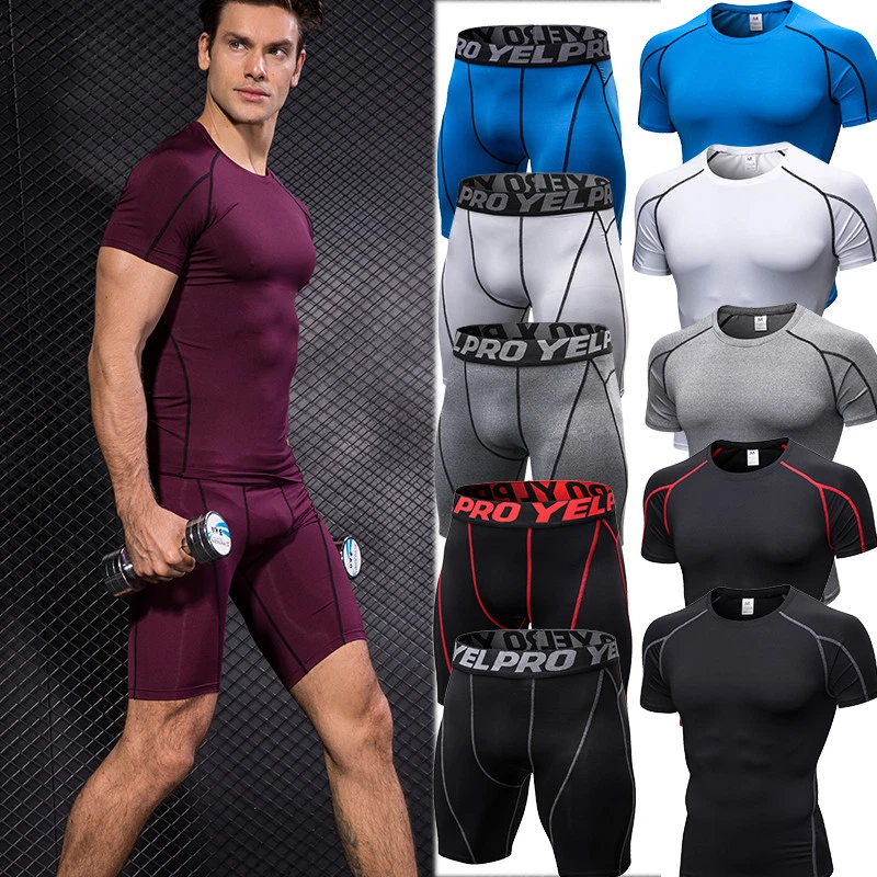 Men Workout Fitness Shirt Compression Tights Gym Clothes Moisture Wicking  Shorts