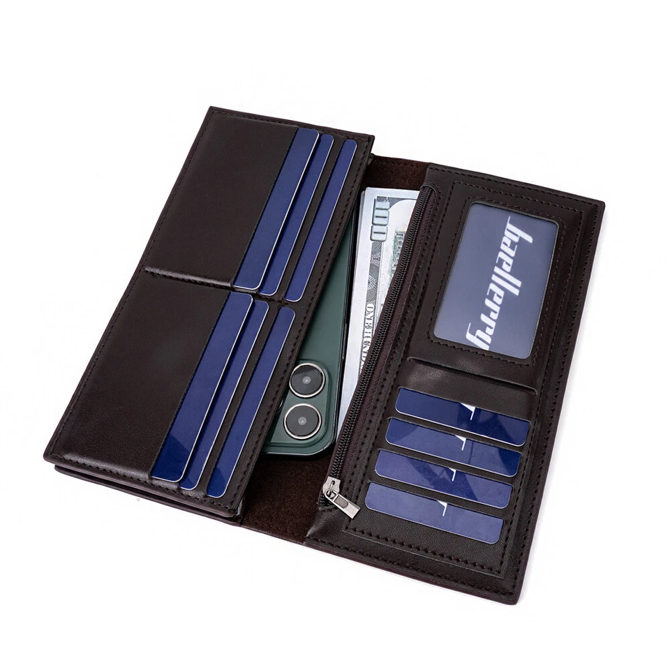 Carteira de couro RFID masculina dobrável porta-cartão de identificação bolsa talão de cheques longa embreagem presente - Imagem 3 de 4