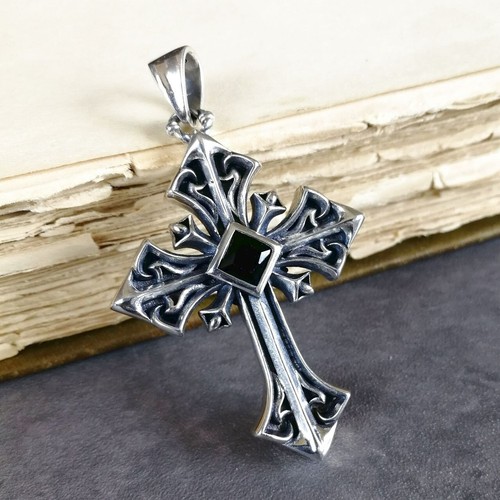 Solid 925 Sterling Silver Ornate Scroll 2" Cross Pendant with Black CZ Center - Picture 7 of 9