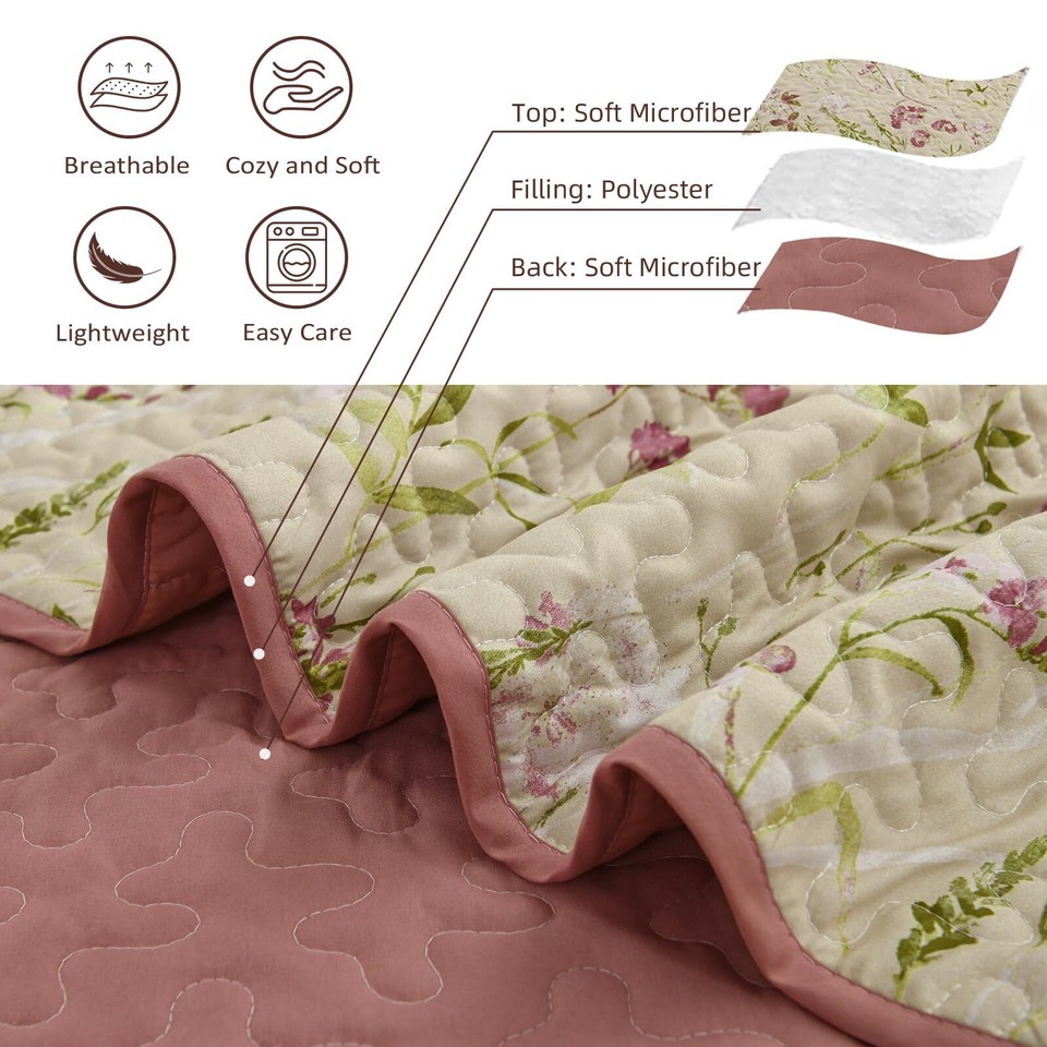 Quilt Set Queen Size,Beige Floral Quilt Bedding Set,3Piece Lightweight