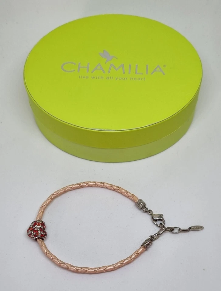 Brazalete de cuero trenzado Chamilia plata esterlina rubor con ❤️ dije corazón. Foto 2 de 4