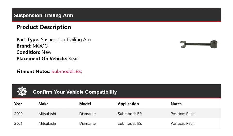 For 2000-2001 Mitsubishi Diamante ES Suspension Trailing Arm Rear MOOG - Image 2 of 4