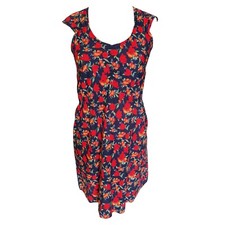 Reko Navy Red Floral Fit & Flare Dress UK S Cap Sleeve Handmade Summer