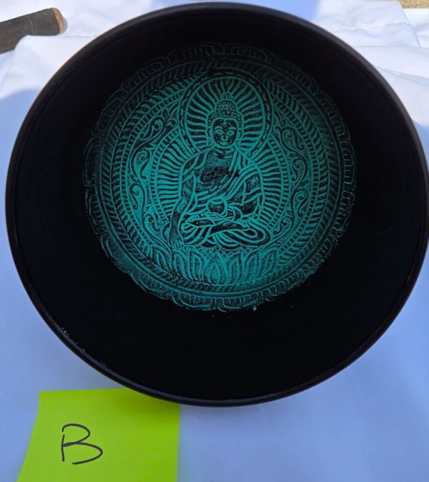 Singing bowl - Green and Black with Buddha - Aluminum - 7" - Image 4 of 4