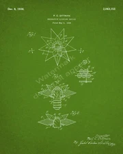 1936 1st Style Matchless Wonder Star Christmas Light Patent Print - Green