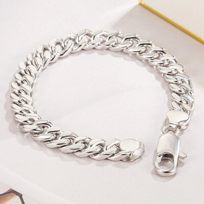 Solid 925 Sterling Silver Men's Cuban Link Chain Bracelet 8mm Curb Chain Italian