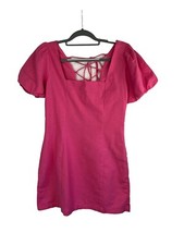 Beyond Words Hot Pink Puff Sleeve Tie Up Back Mini Dress Size Small Tie Back