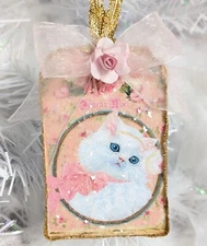 Shabby Victorian Chic Kitten Cat Pink Rose Bow Decoupage Christmas Tree Ornament