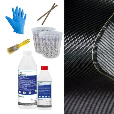 Carbon Komplett-Set 0,5m² Carbongewebe Köper 250g Epoxidharz 125g Härter