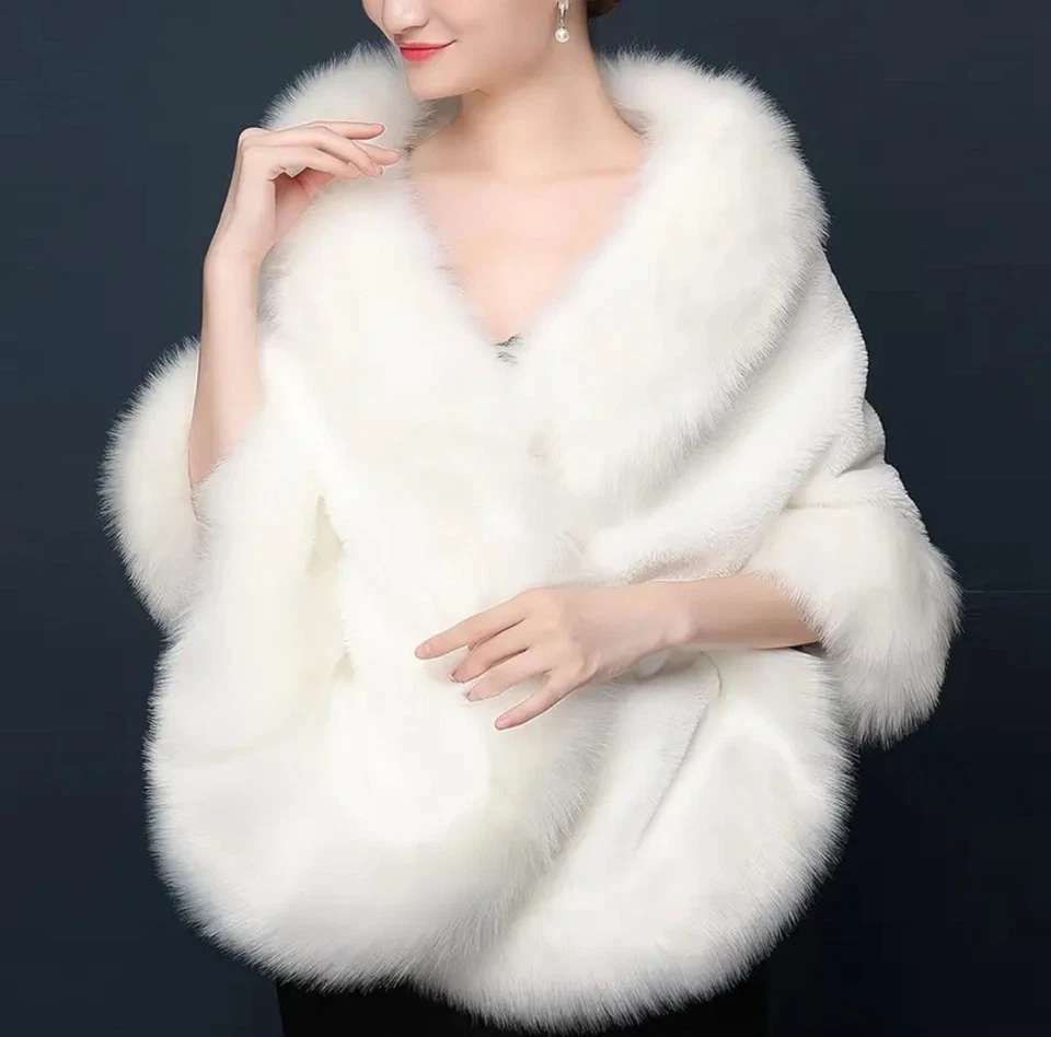 优雅的白色人造毛皮披肩柔软保暖防风婚礼、冬季、派对 — 第 2/4 张图片