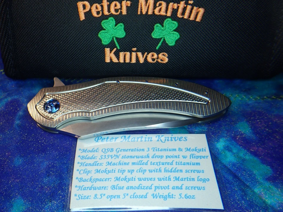 Peter Martin QSV Generation III  MoKuti Blue MIlled Textured Titanium Knife - Image 4 of 4