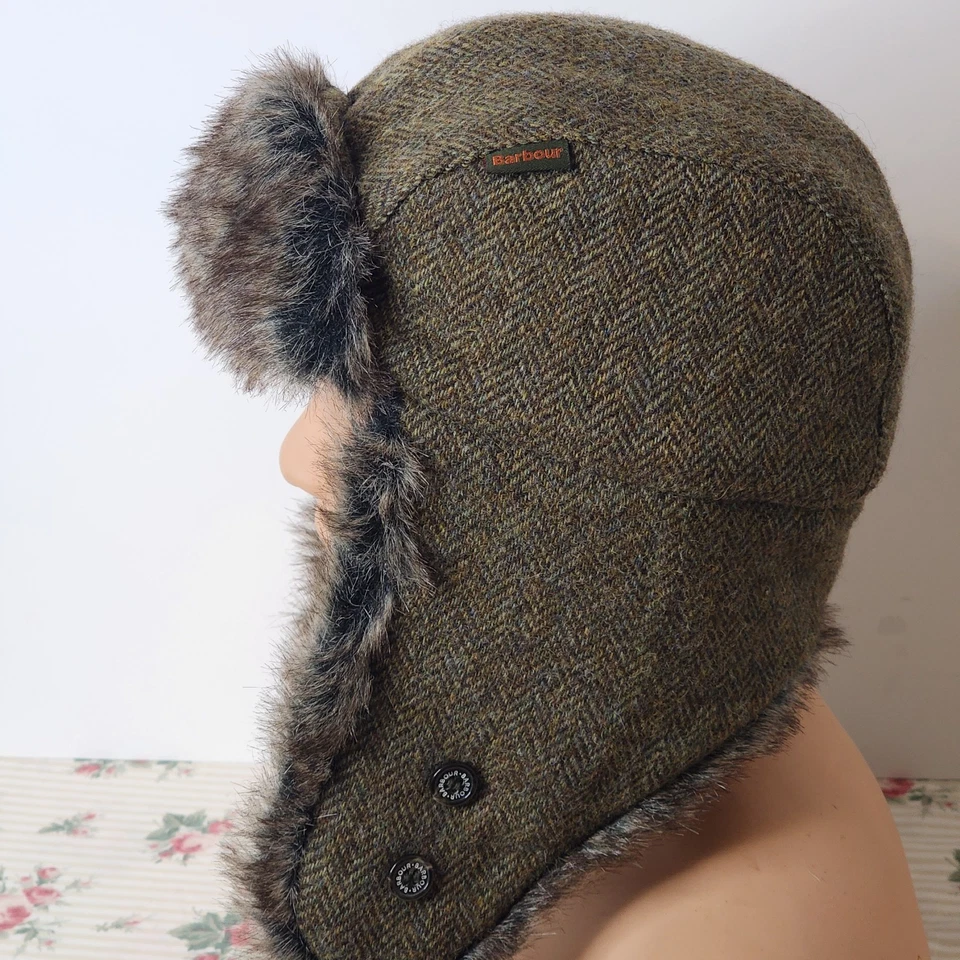 NWT Barbour Wool Herringbone Mens Fleece Lined Trapper Hat Size Small - Image 2 of 4