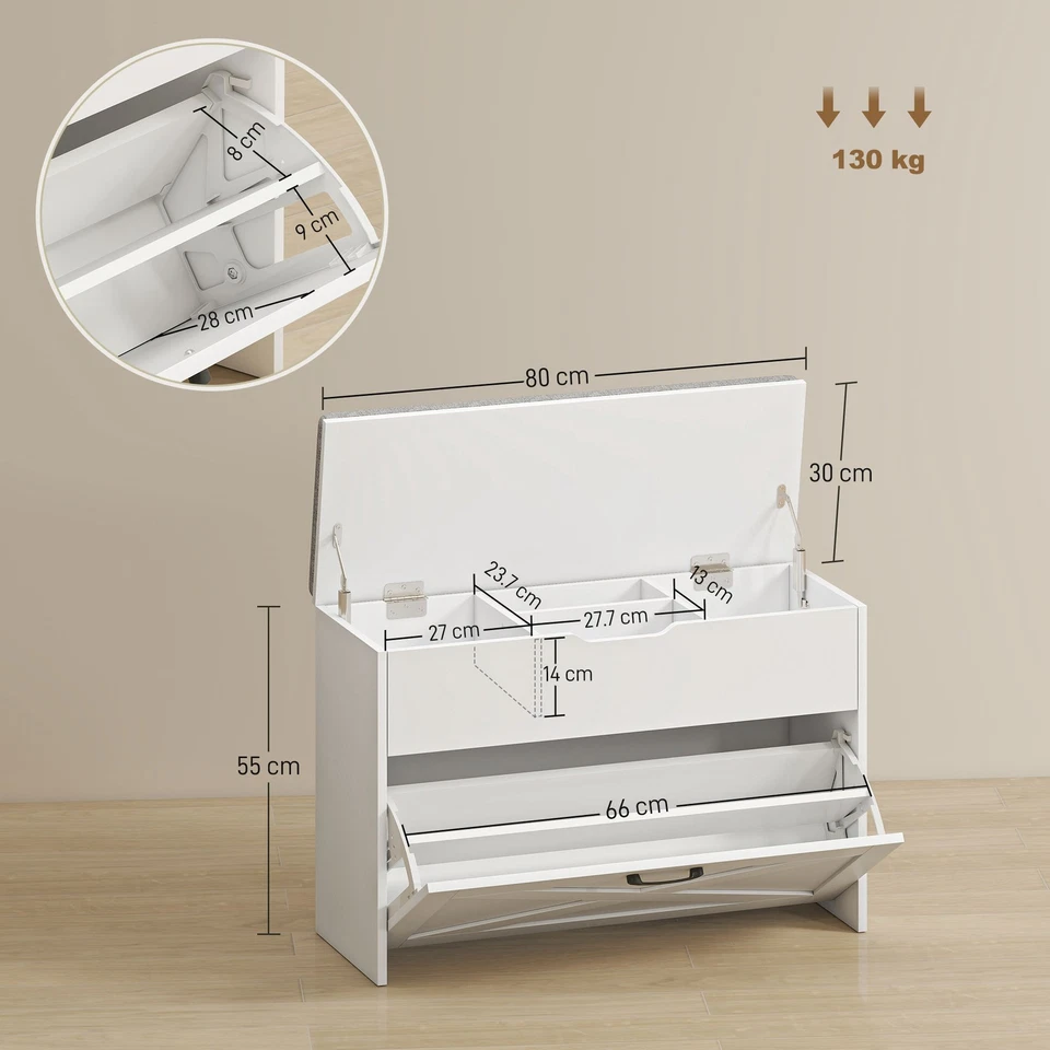 HOMCOM Panca Scarpiera a Ribalta con Contenitore per 8 Paia di Scarpe Bianco - Immagine 4 di 4