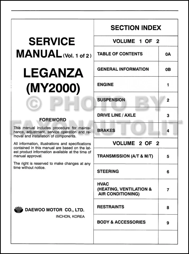 2000 Daewoo Leganza Servicio Manual 2 Volumen Juego Dealer Fábrica Reparar Shop - Imagen 2 de 2