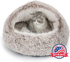 Cama de felpa con capucha para gatos, nido relajante, cueva autocalentable