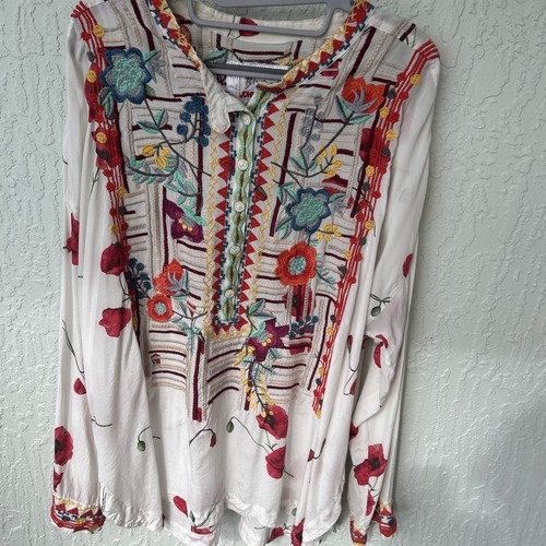 Johnny Was BiyaSilk/Cotton Top Tunic White Embroidered Oversize Poppies- Size XL