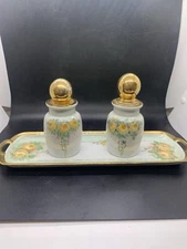 Antique RS Germany Dresser Vanity Set, Tray Decanters Hand Paint 3 Pc W Lids